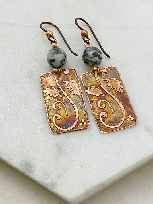 Acid etched copper earrings with tree agate gemstones
