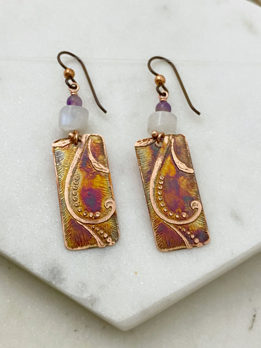 Acid etched copper earrings with moonstone and amethyst gemstones