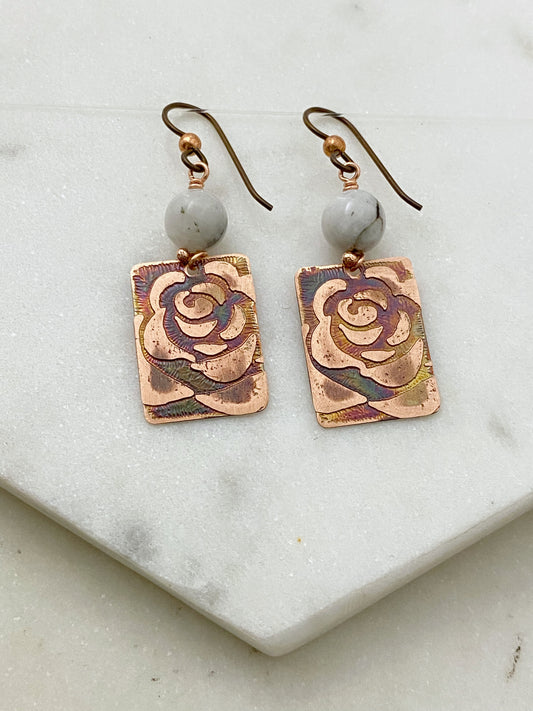 Acid etched copper earrings with moonstone gemstones