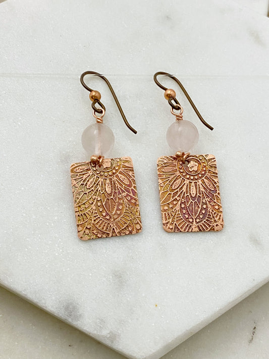 Acid etched copper earrings with rose quartz gemstones