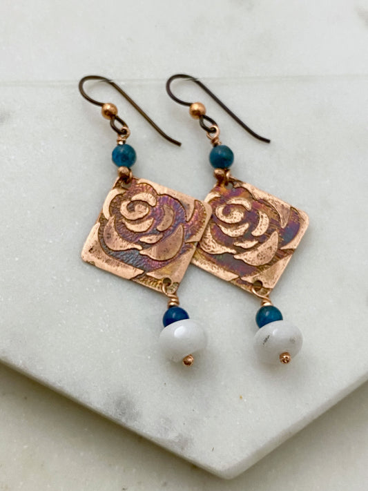 Acid etched copper earrings with apatite and snow quartz gemstones