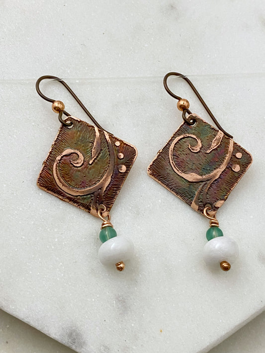 Acid etched copper earrings with aventurine and snow quartz gemstones