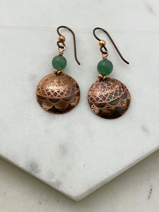Acid etched copper earrings with aventurine gemstones