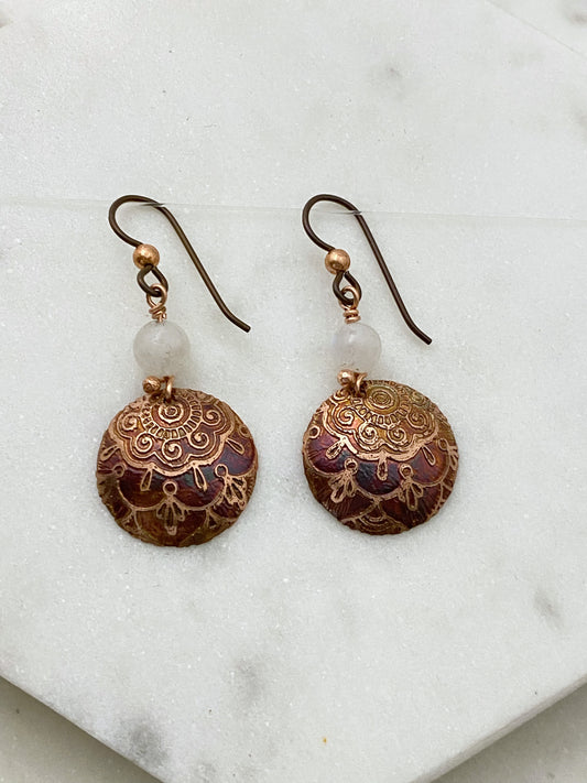 Acid etched copper earrings with moonstone gemstones