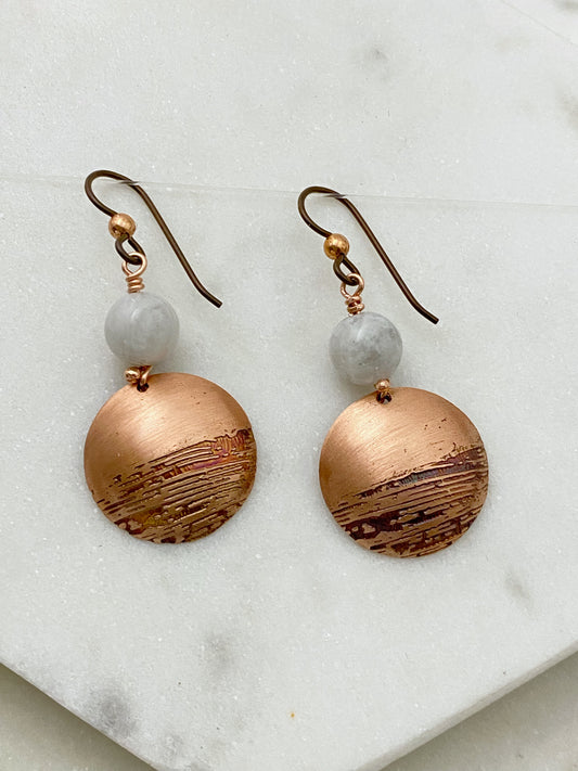 Acid etched copper earrings with moonstone gemstones