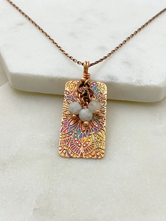 Acid etched copper necklace with moonstone gemstones