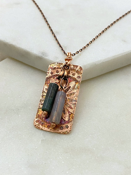 Acid etched copper necklace with moss agate gemstones