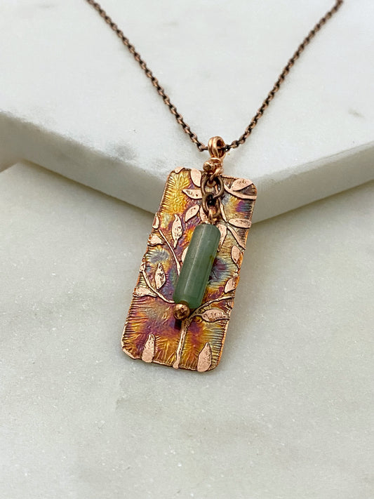 Acid etched copper necklace with aventurine gemstone
