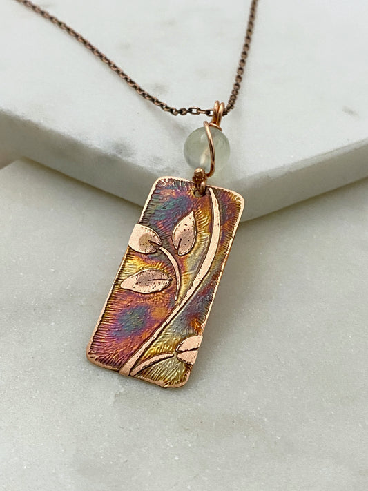 Acid etched copper leaf necklace with prehnite gemstone