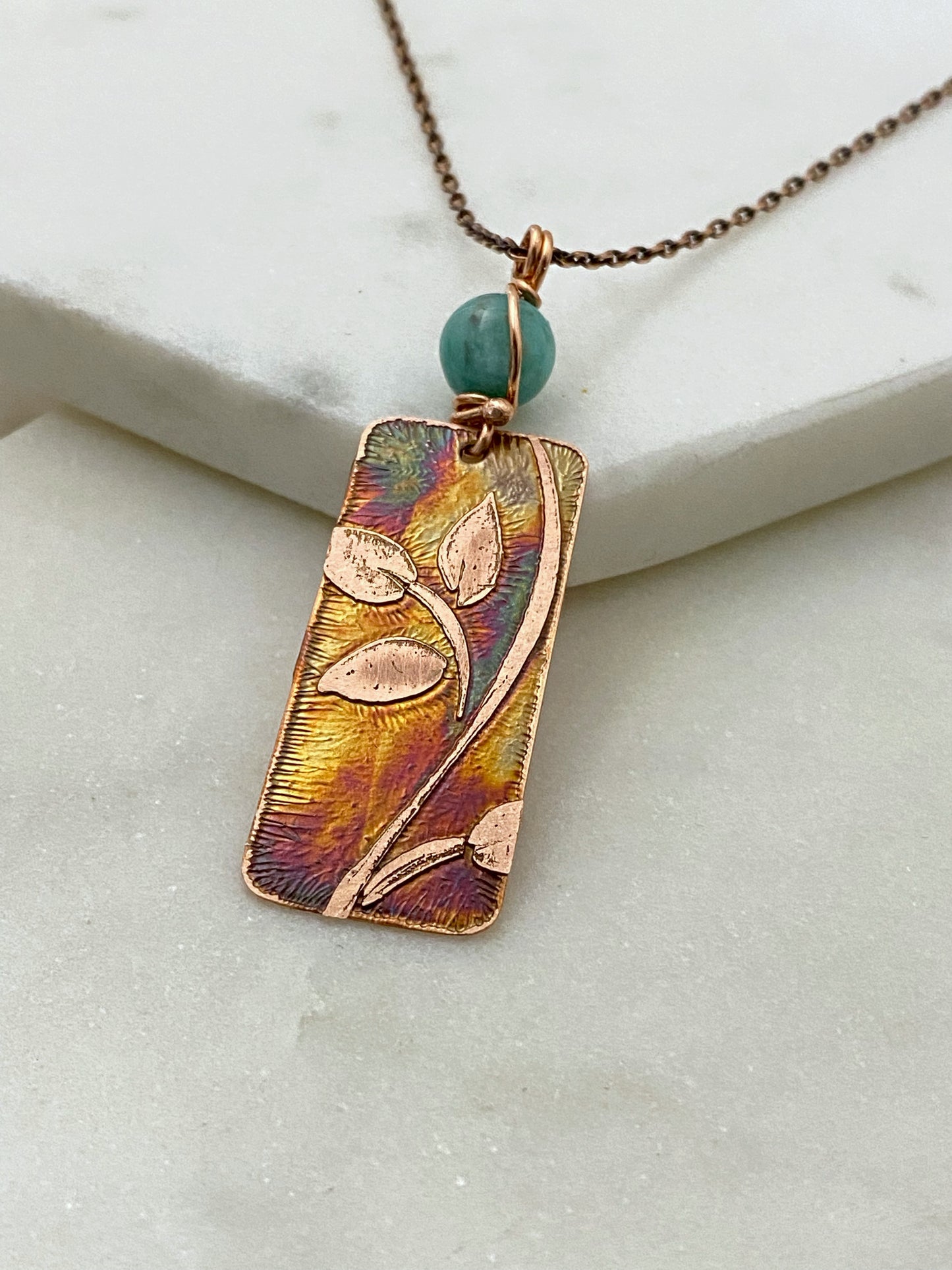 Acid etched copper leaf necklace with amazonite gemstone