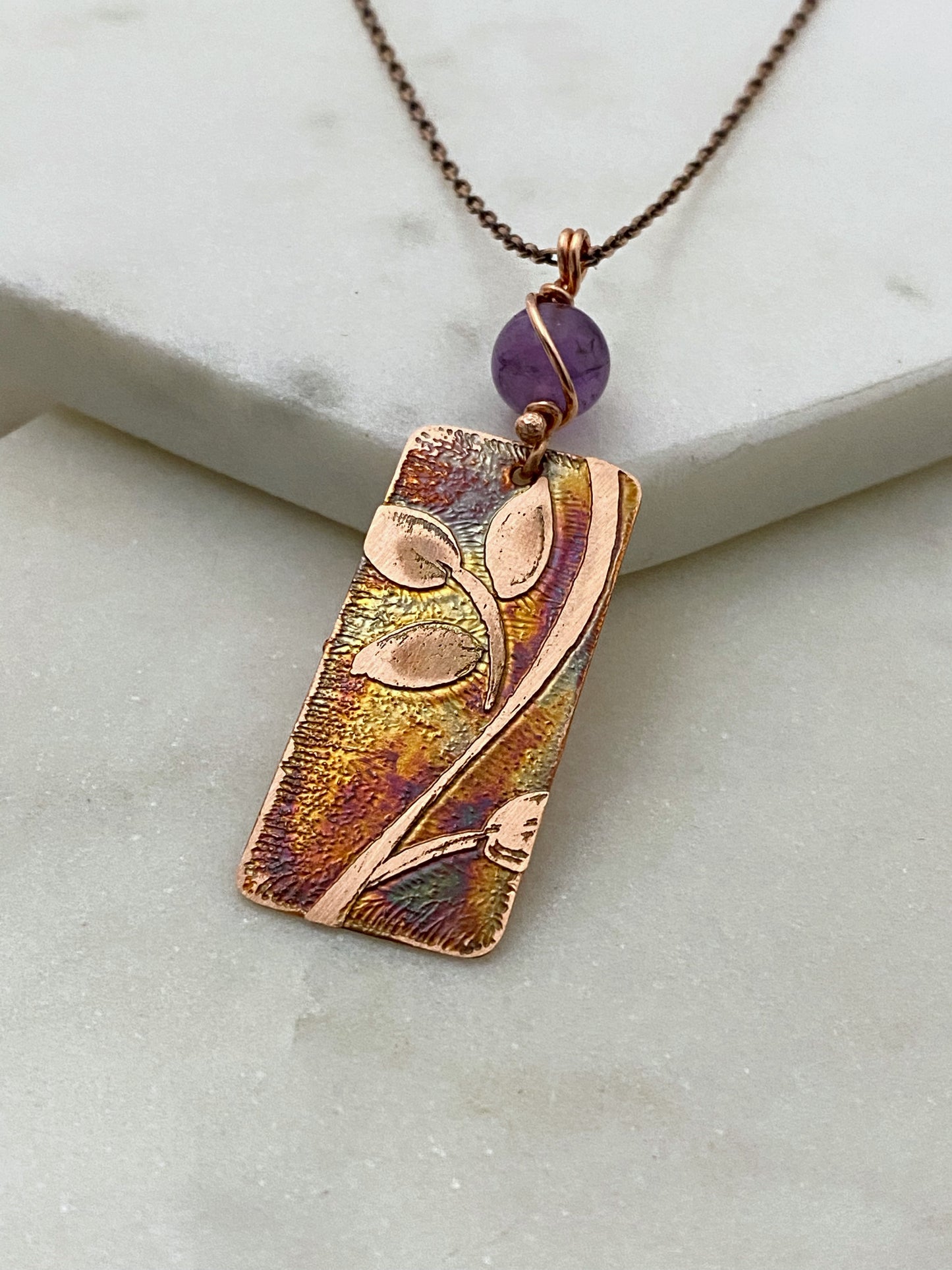 Acid etched copper leaf necklace with amethyst gemstone