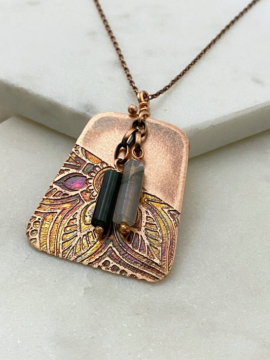 Acid etched copper necklace with tree agate gemstone