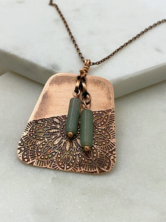 Acid etched copper necklace with aventurine gemstone