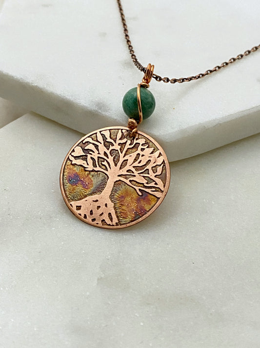 Acid etched copper tree necklace with amazonite gemstone