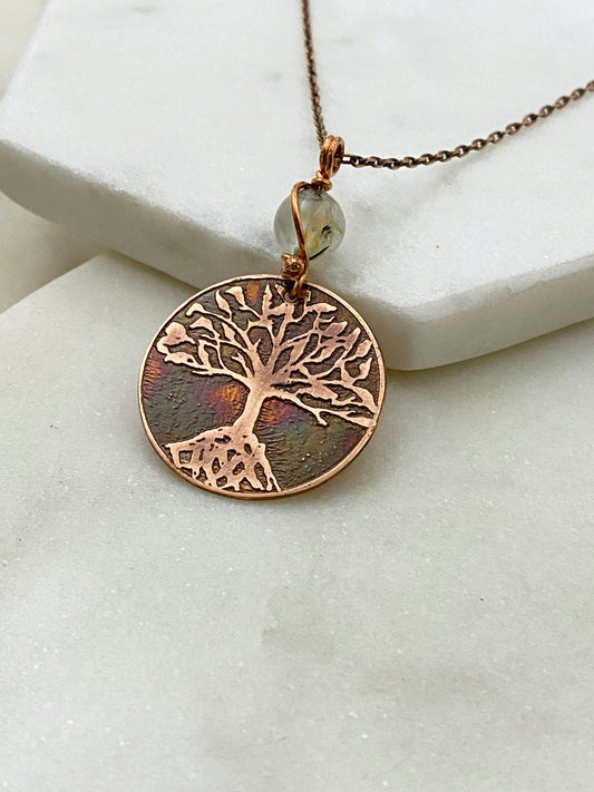 Acid etched copper tree necklace with prehnite gemstone