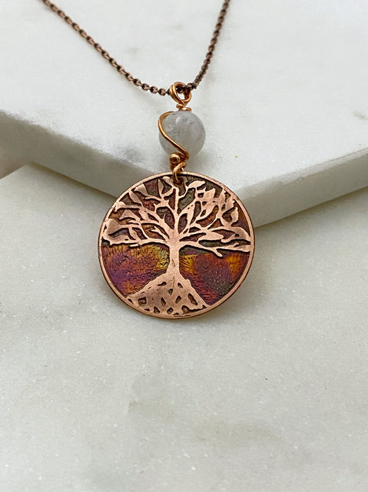 Acid etched copper tree necklace with moonstone gemstone