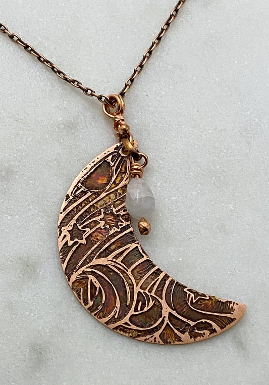 Acid etched copper crescent necklace with moonstone gemstone