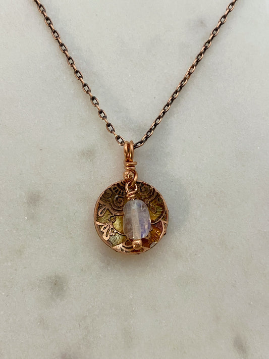 Acid etched copper necklace with moonstone gemstone