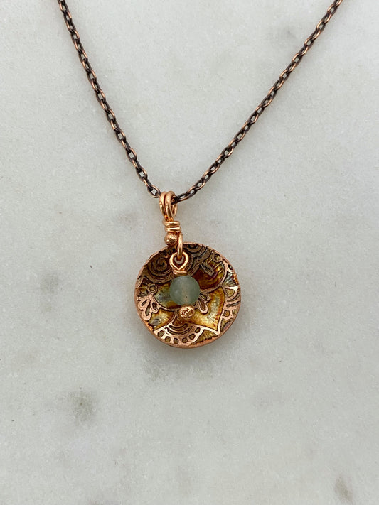 Acid etched copper necklace with aventurine gemstone