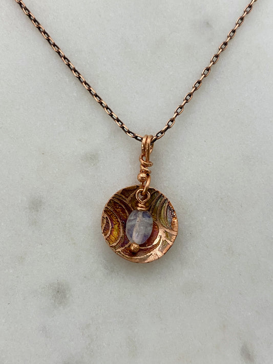 Acid etched copper necklace with moonstone gemstone