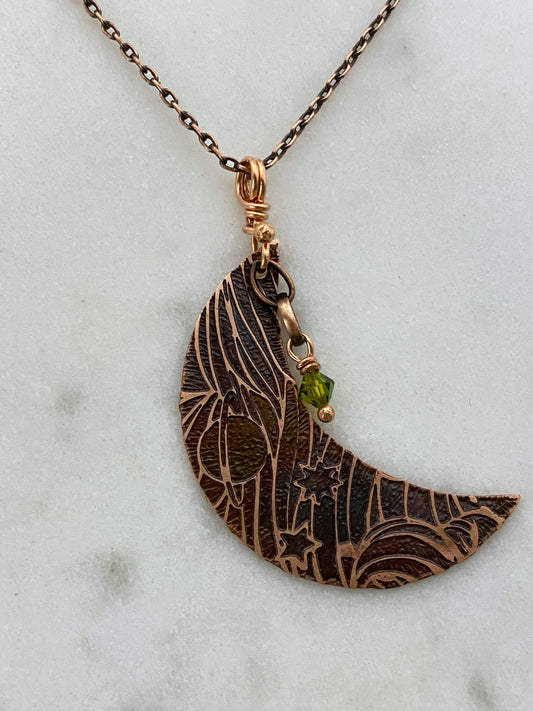 Acid etched copper crescent necklace with olivine gemstone