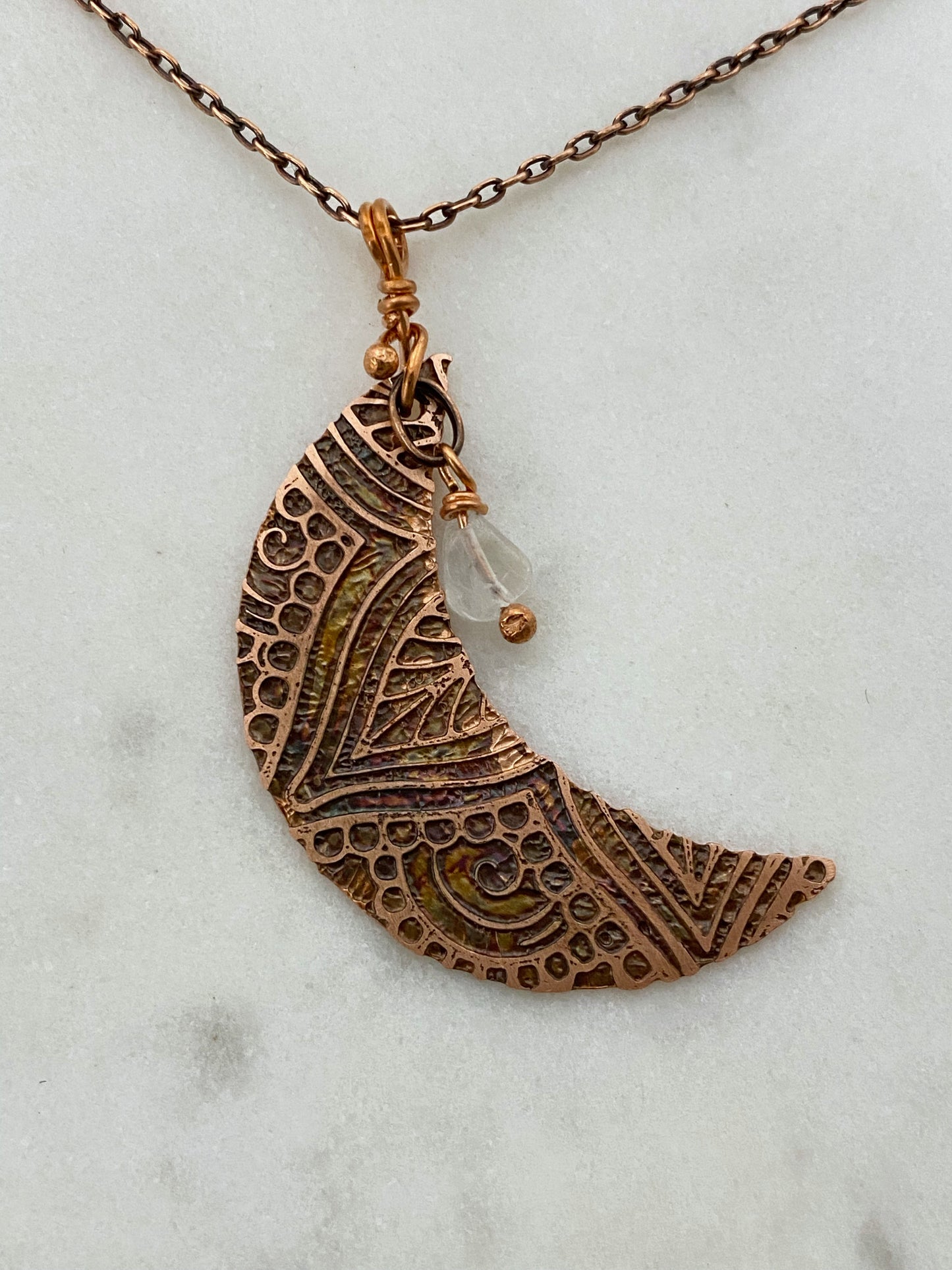 Acid etched copper crescent necklace with moonstone gemstone