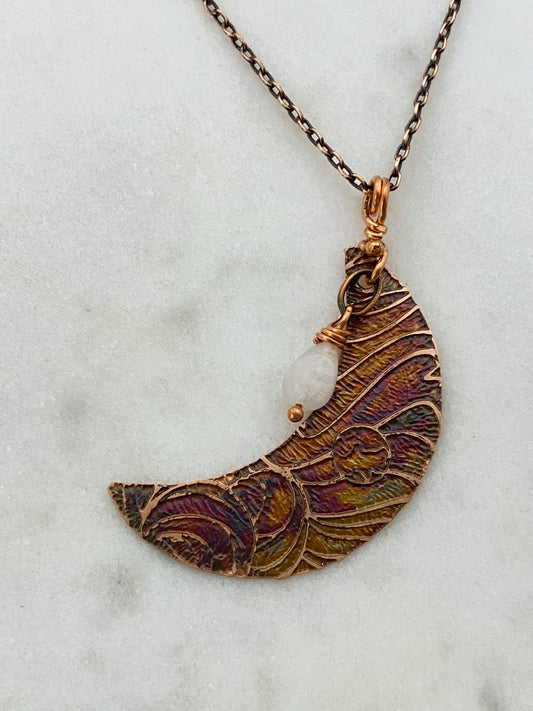 Acid etched copper crescent necklace with moonstone gemstone