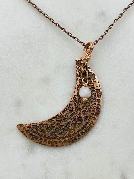 Acid etched copper crescent necklace with moonstone gemstone