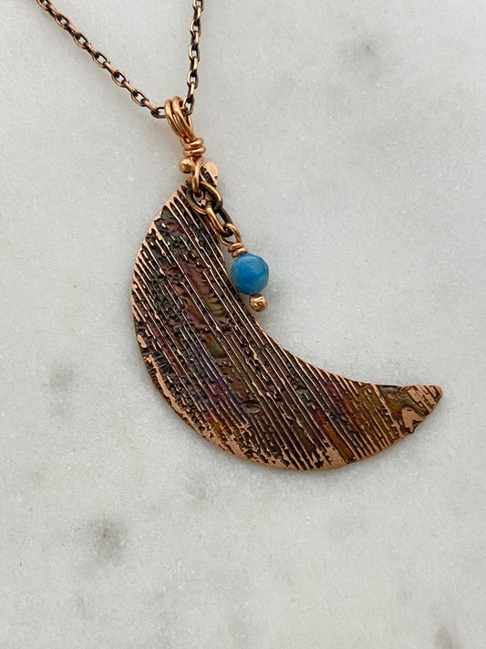 Acid etched copper crescent necklace with apatite gemstone