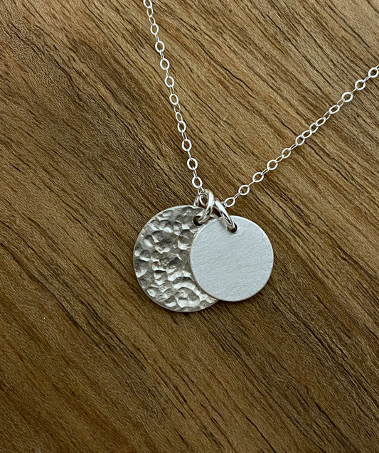 Forged sterling silver double disk necklace