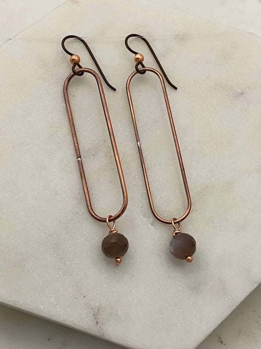 Copper and coffee moonstone oval hoop earrings
