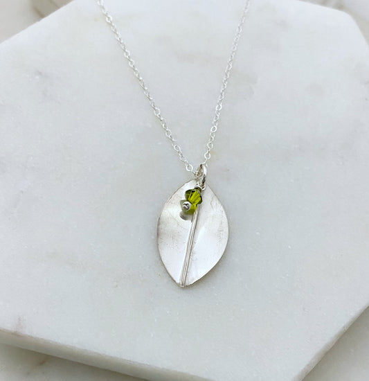 Forged sterling silver leaf necklace with olivine gemstone