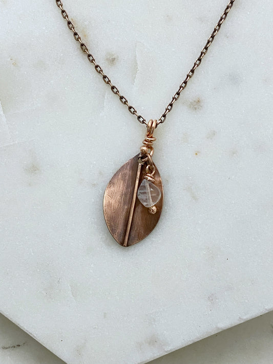 Forged copper leaf necklace with moonstone
