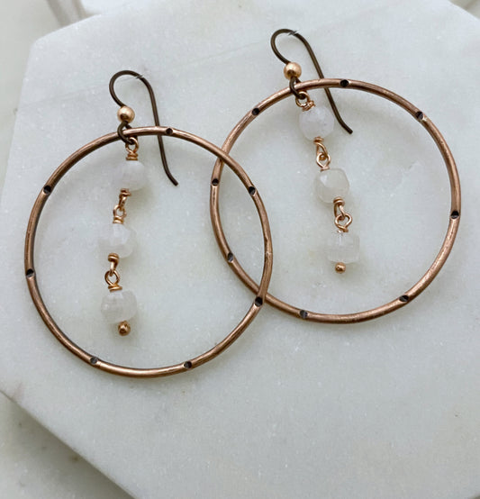 Copper and moonstone hoop earrings