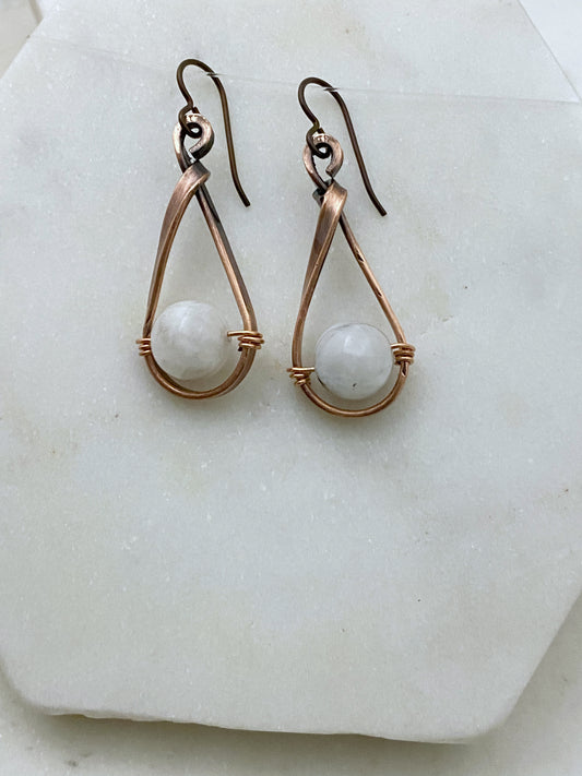 Copper teardrop hoops with moonstone