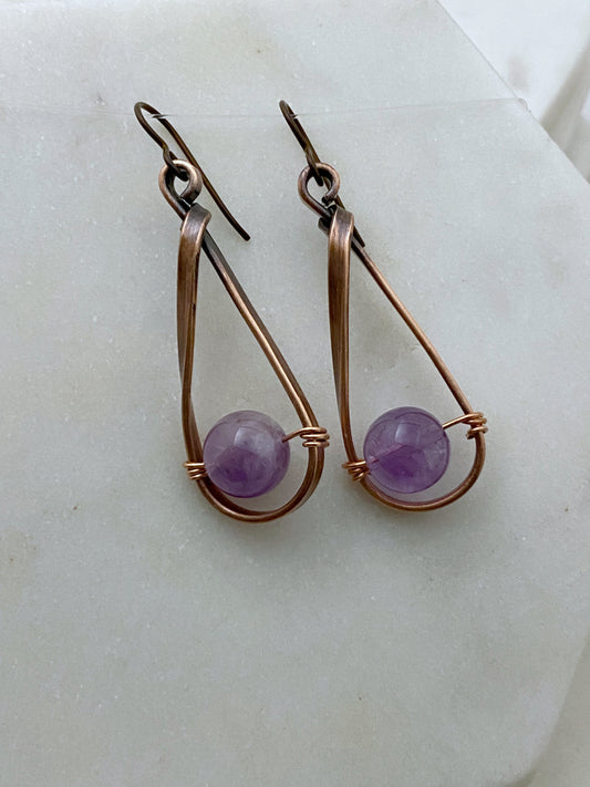 Copper teardrop hoops with amethyst