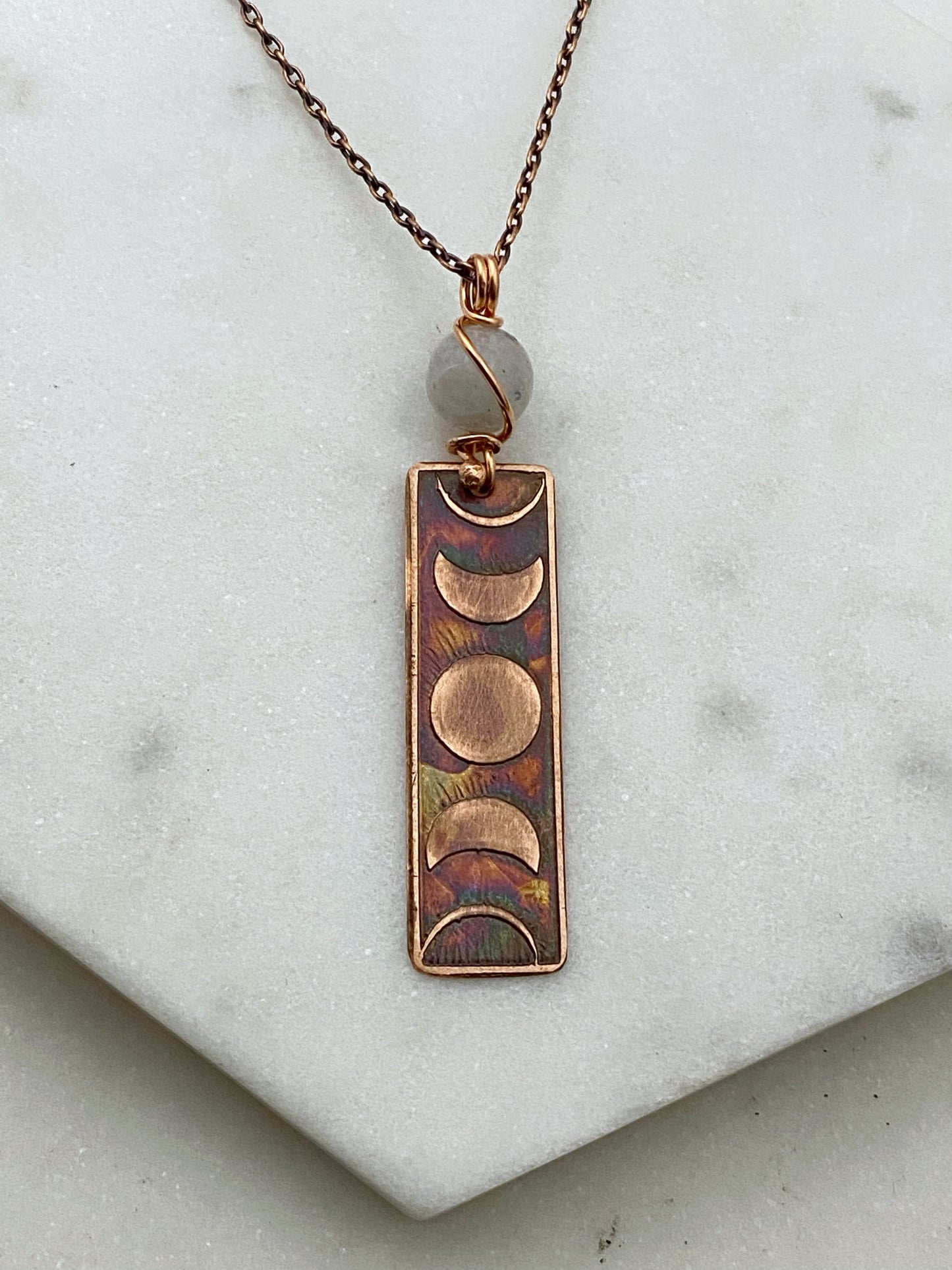 Moon phase acid etched copper necklace with moonstone gemstone
