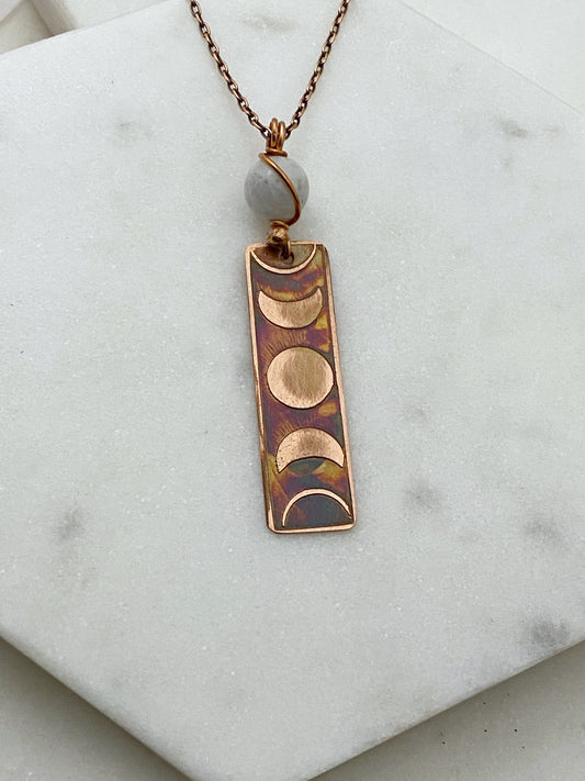 Moon phase acid etched copper necklace with moonstone gemstone