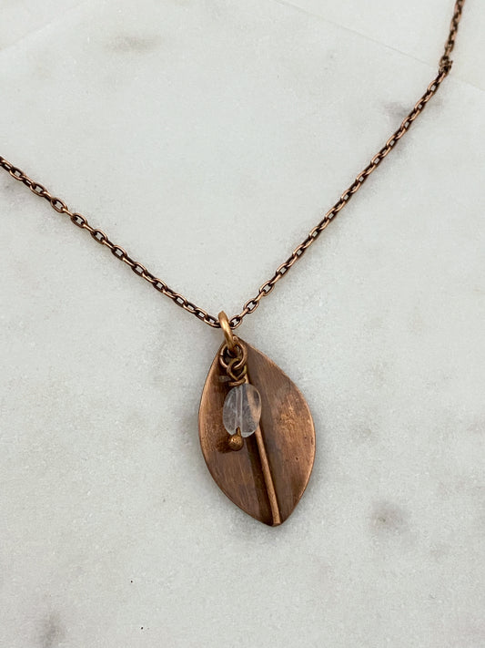 Forged copper leaf necklace with moonstone