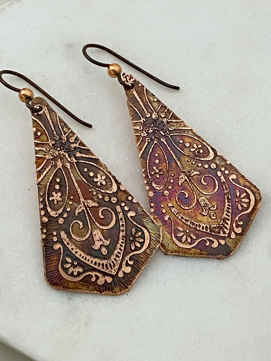 Acid etched copper earrings