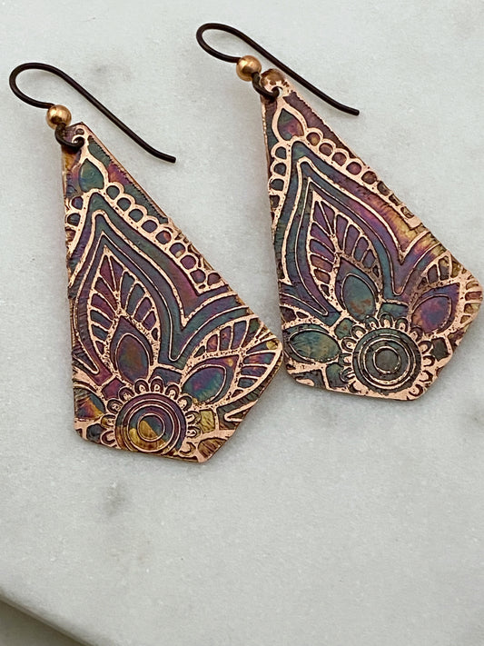 Acid etched copper earrings