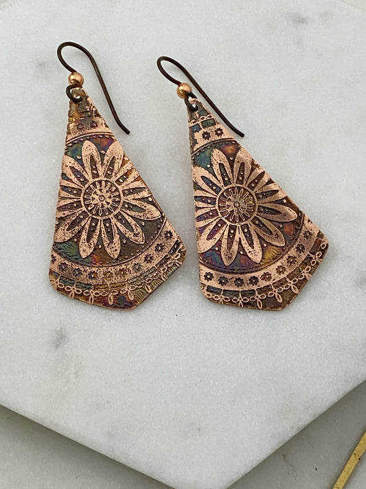 Acid etched copper earrings