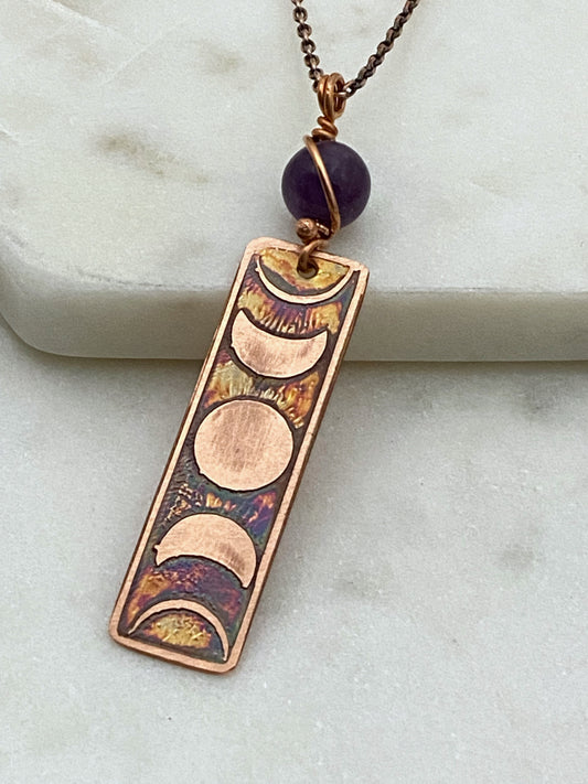 Moon phase acid etched copper necklace with amethyst gemstone