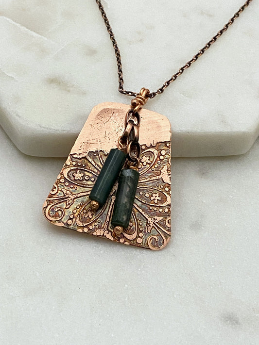 Acid etched copper necklace with tree agate gemstones