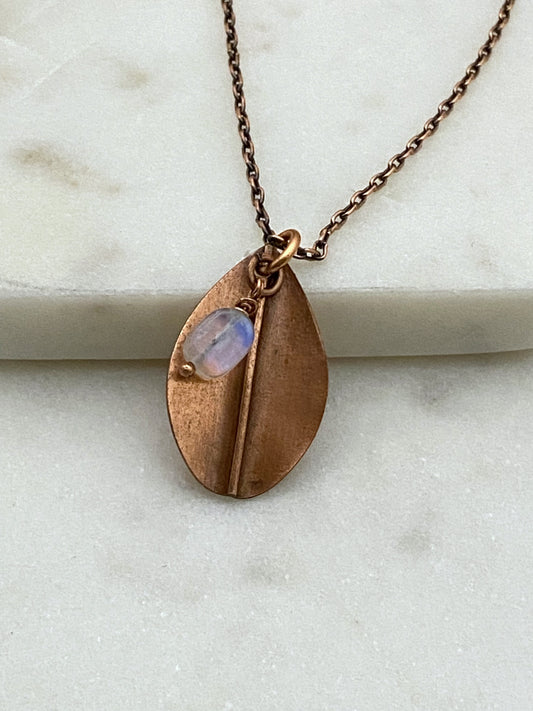 Forged copper leaf necklace with moonstone