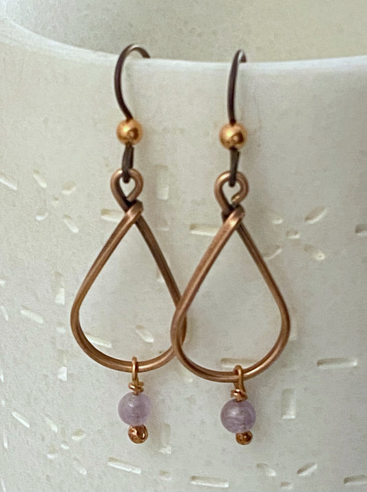 Copper teardrop hoop earrings with amethyst