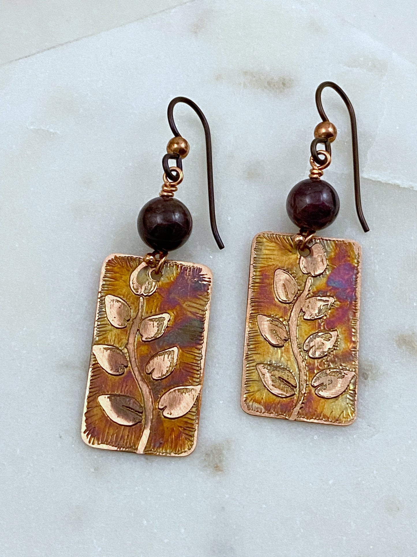 Acid etched copper earrings with tourmaline gemstones