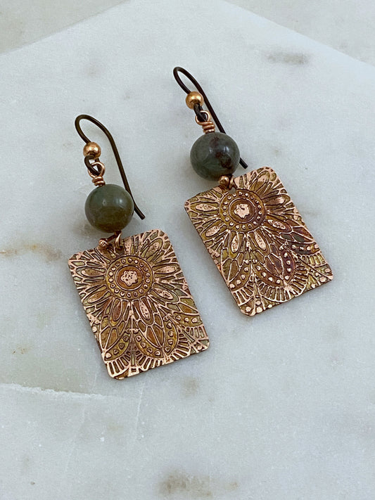 Acid etched copper earrings with fancy jasper gemstones