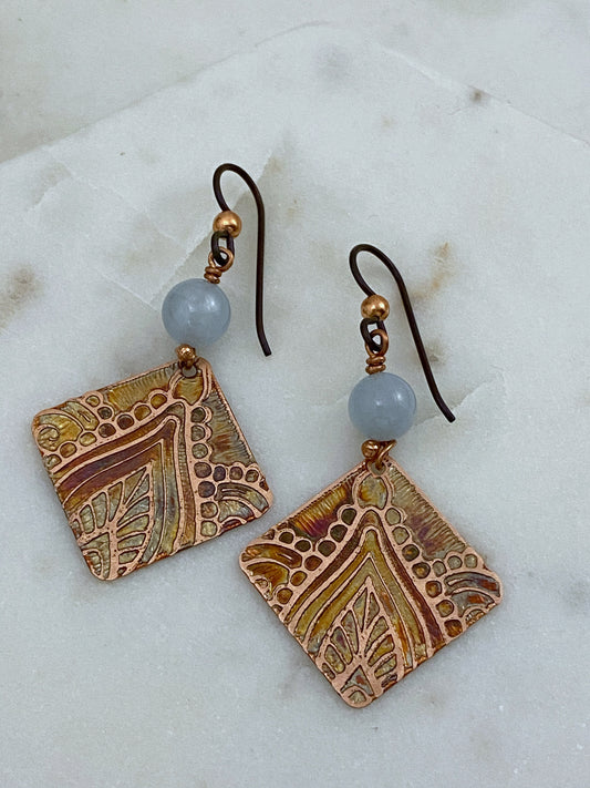 Acid etched copper earrings with aquamarine gemstones
