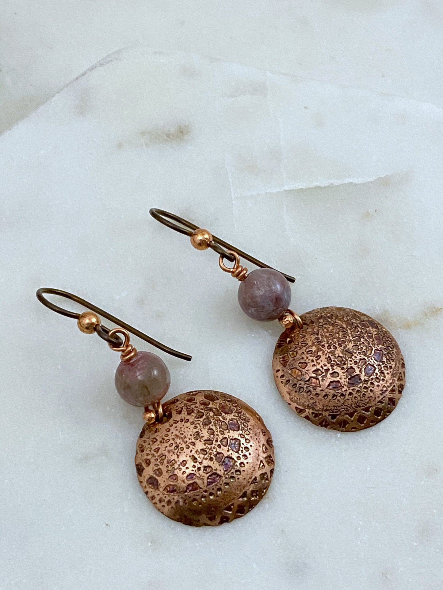 Acid etched copper earrings with tourmaline gemstones